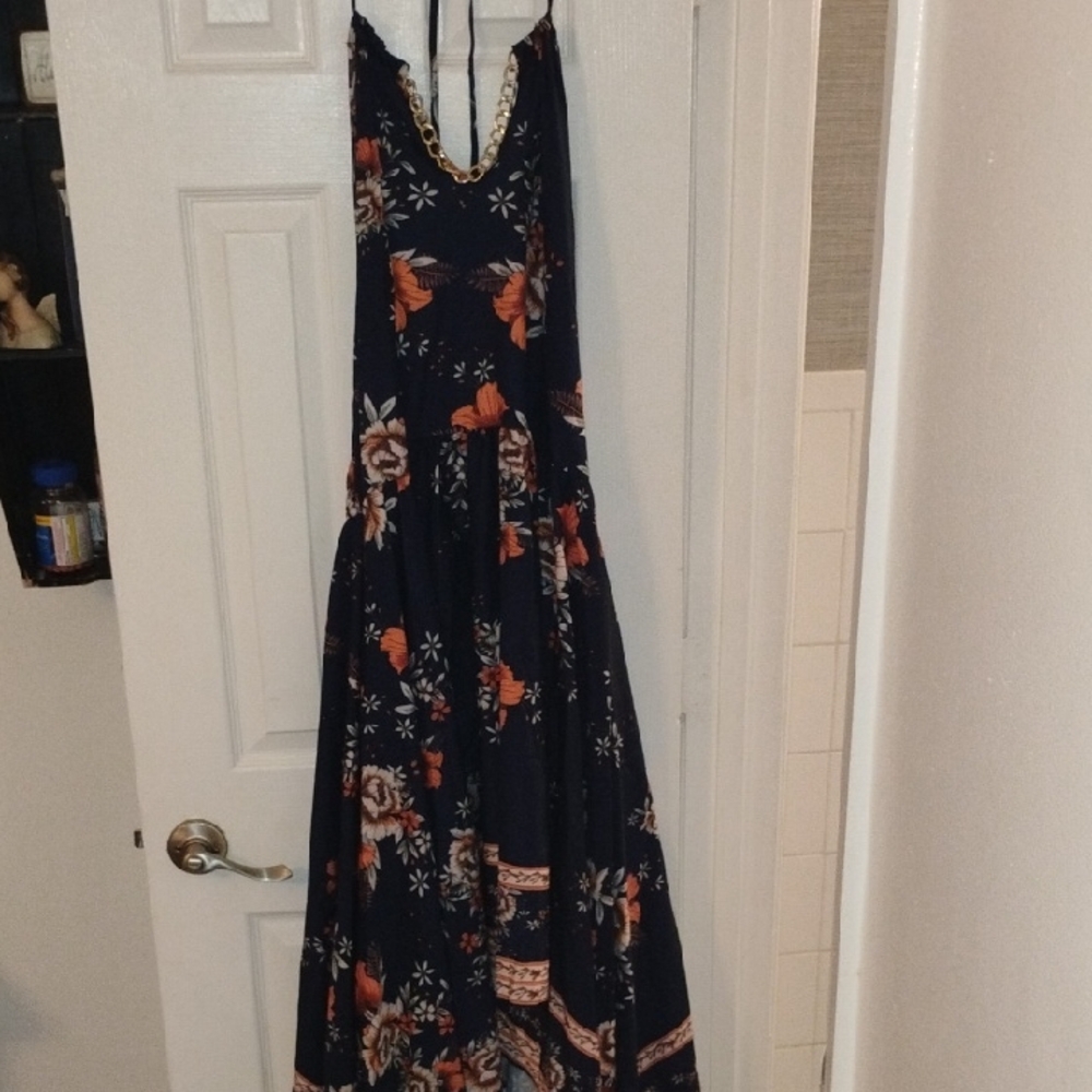 Floral Navy Maxi Dress with Chain Detail